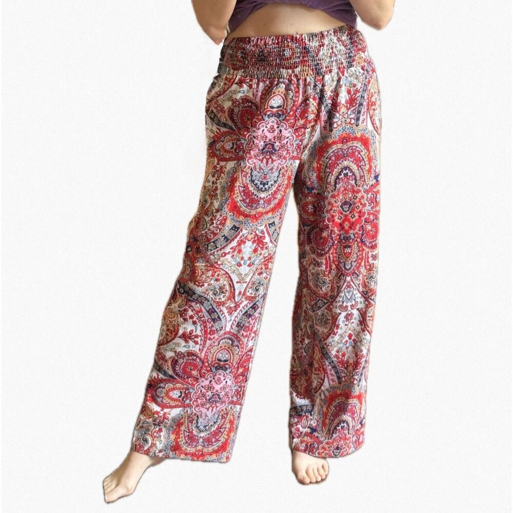 Boutique Paisley Smocked Palazzo Pants S Red Wide Leg Boho Festival High Waisted - Picture 2 of 6